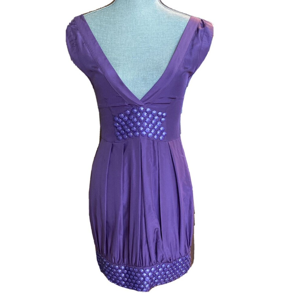 NEW Body Language Women’s Paris Silk Purple Beaded Mini Dress V Neck Clubwear